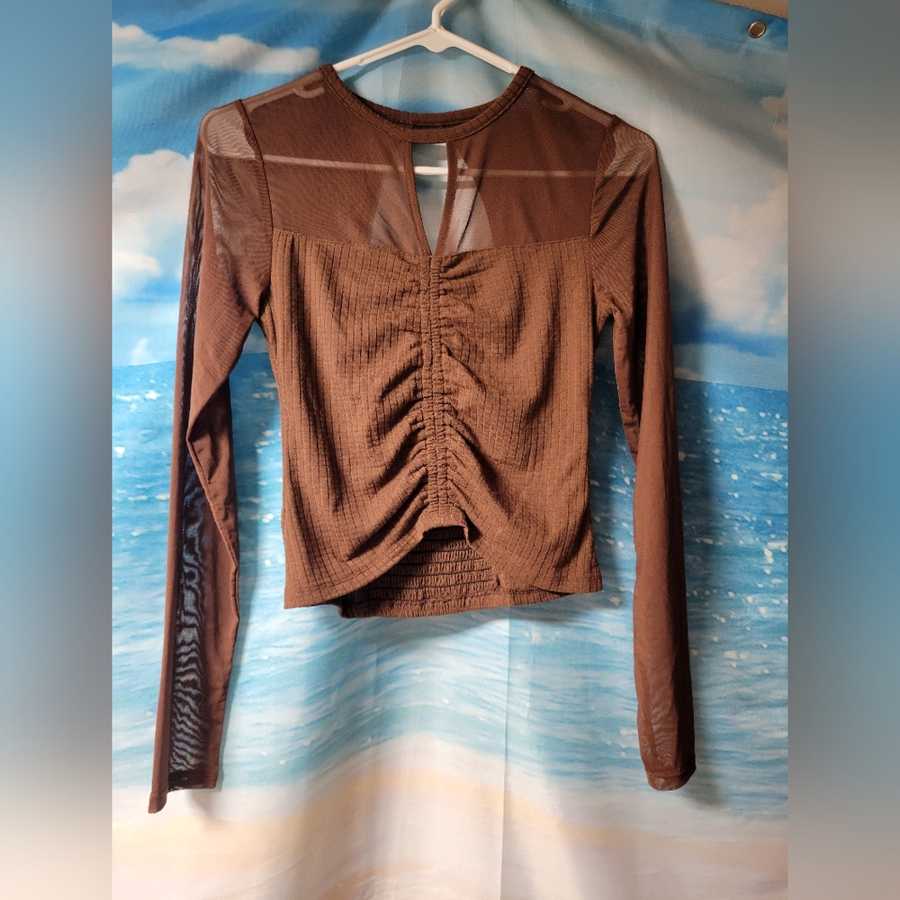 Ten Sixty‎ Sherman NWOT Brown Sheer Sleeve Ruched Back Cut Out Top Size Small